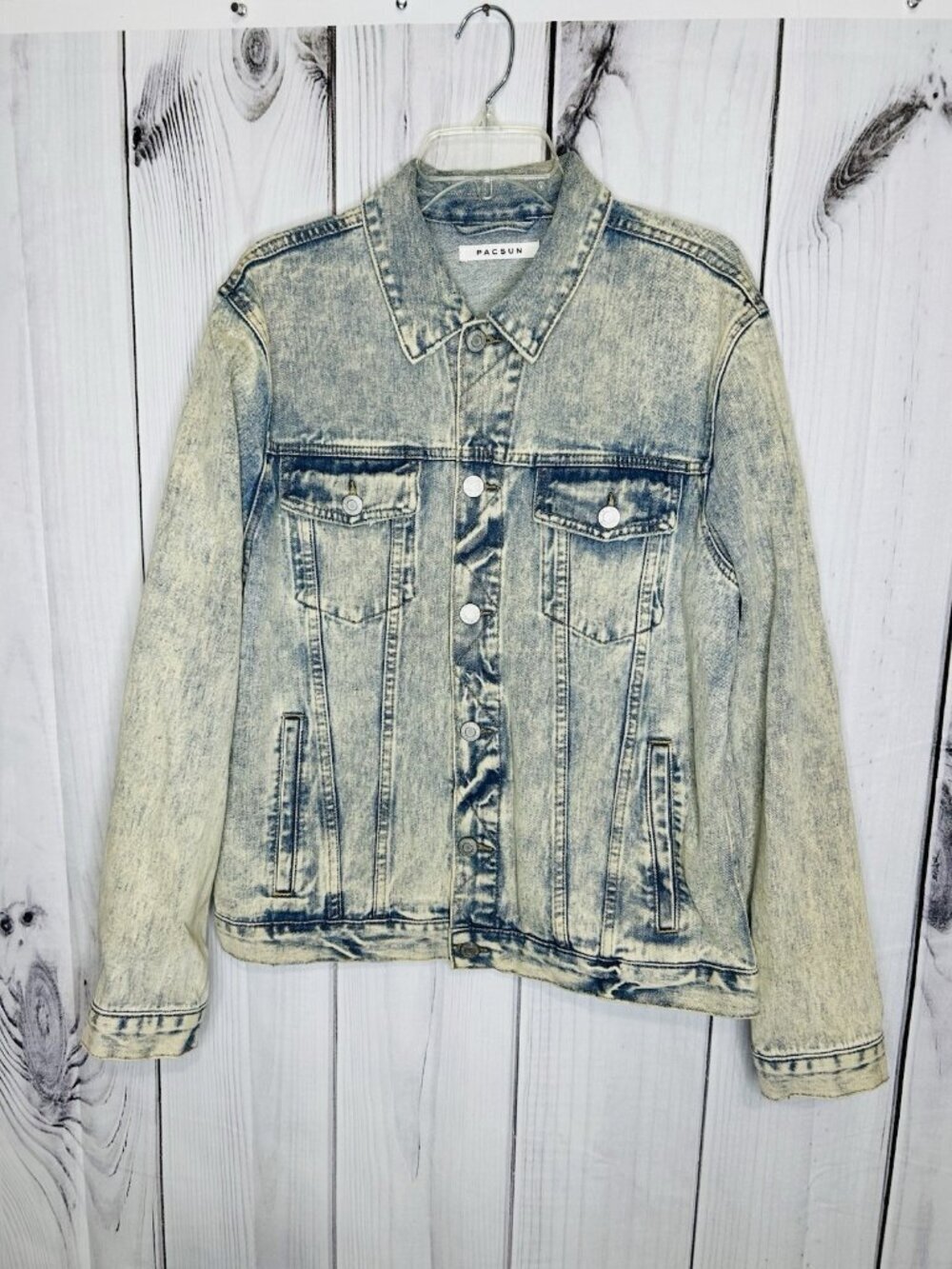 PACSUN Mens Denim Jacket Light Wash Distressed Trucker Style Size M
